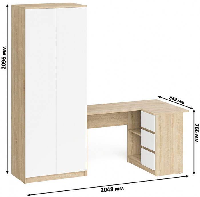 Мори компьютерный стол МС-16 правый + Шкаф МШ800.1, дуб сонома/белый
