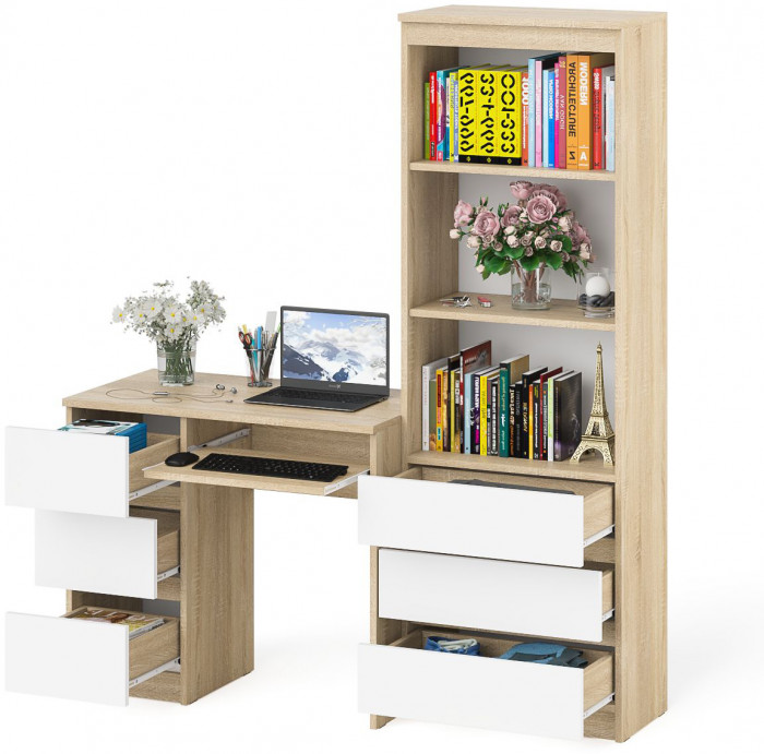 Мори компьютерный стол МС-6 левый + Стеллаж МСТ600.3, дуб сонома/белый