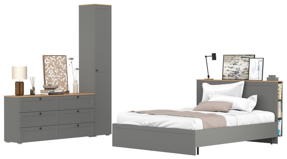 Остин 11.53 Кровать + ортопед + 13.227 Шкаф-пенал + 16.240 Комод, серый графит/дуб крафт золотой