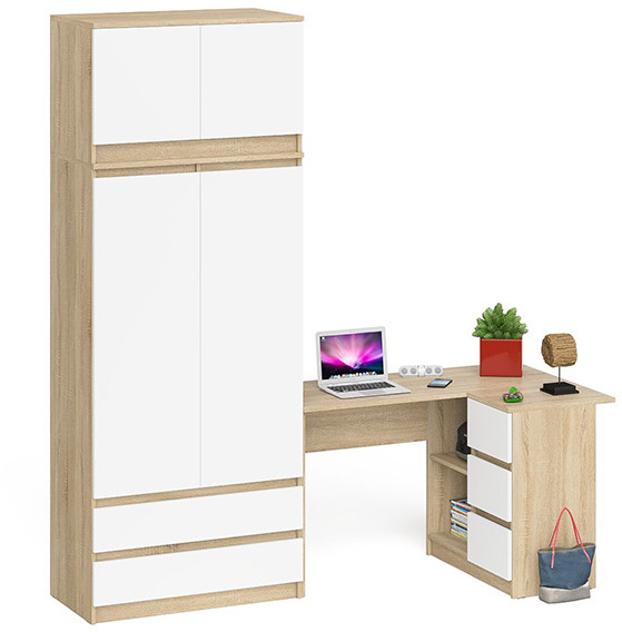 Мори Стол компьютерный МС-16 правый + Шкаф МШ900.1 + Антресоль МА900.1, цвет дуб сонома/белый, ШхГхВ 214,8х84,9х234,2 см., выд. ящ. справа, НЕ ун. сб.