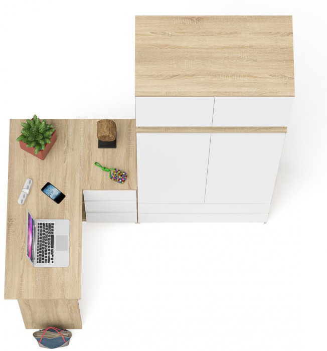 Мори Стол компьютерный МС-16 правый + Шкаф МШ900.1 + Антресоль МА900.1, цвет дуб сонома/белый, ШхГхВ 214,8х84,9х234,2 см., выд. ящ. справа, НЕ ун. сб.