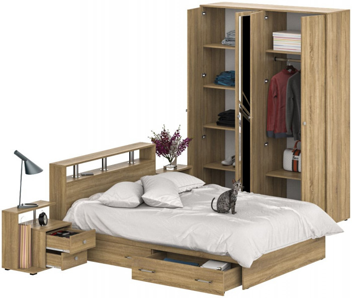 Камелия спальня № 8 Кровать с ящиками 1400 + Две тумбы + Шкаф 4-х створчатый, цвет дуб сонома, сп.м. 1400х2000 мм., б/м, основание есть