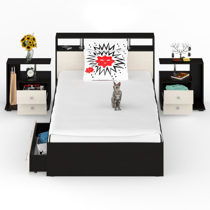 Камелия Кровать с ящиками 1200 + две тумбы, венге/дуб лоредо