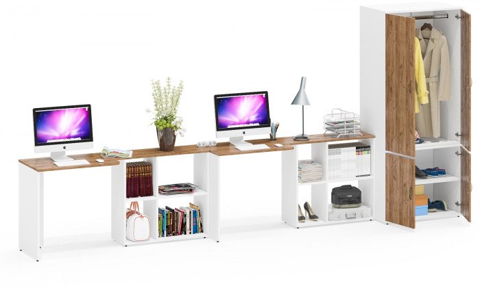 Лидер-8 Стол + Стол + Шкаф МД 19Б, белый шагрень/крафт золото