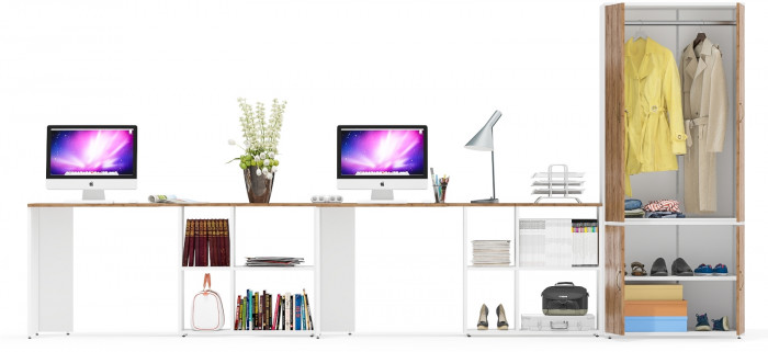 Лидер-8 Стол + Стол + Шкаф МД 19Б, белый шагрень/крафт золото