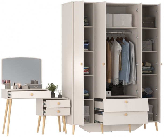 Афина Спальня Шкаф 4-х дверный + Трюмо, цвет кашемир серый, ШхГхВ 160х56,3х220 + 105х38,6х129 см., универсальная сборка