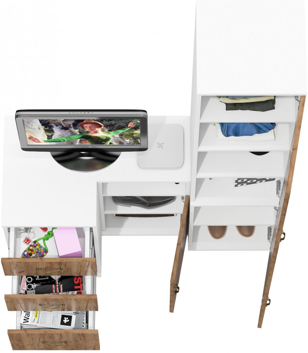 Лидер-8 Пенал МД 22Б + Тумба МД 3.16 + Тумба МД 3.19, цвет белый шагрень/крафт золото, ШхГхВ 120х50х190 см., универсальная сборка