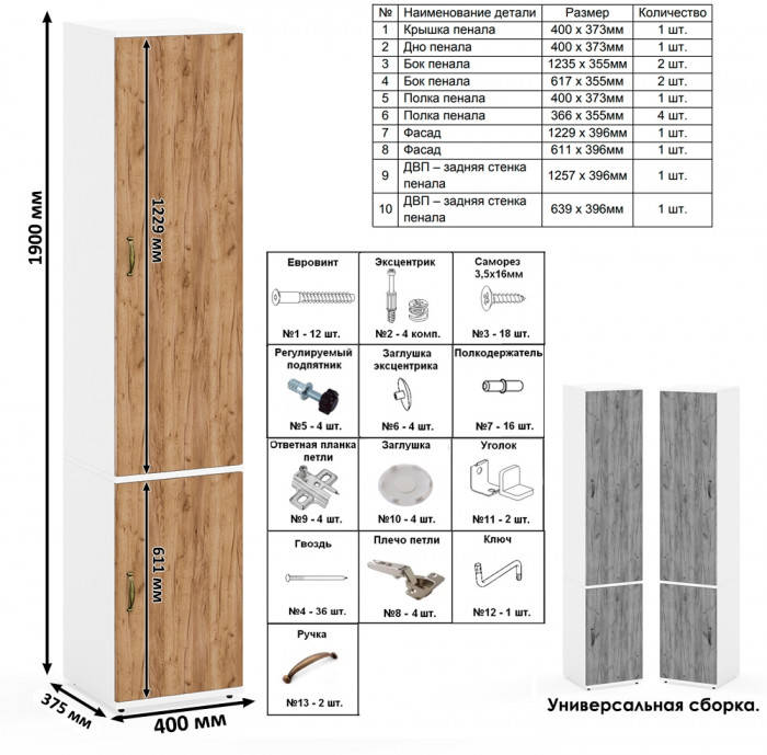 Лидер-8 Стол + Полка + Пенал МД 22Б, цвет белый шагрень/крафт золото, ШхГхВ 205х50/37,5х75/190 или 115х50/120х75/190 см., НЕ универсальная сборка