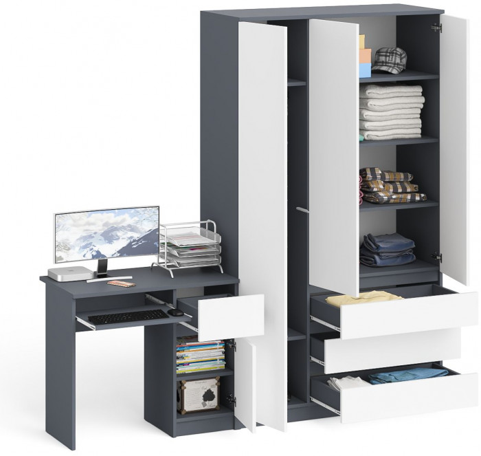Мори Стол компьютерный МС-1 правый + Шкаф МШ1200.1, цвет графит/белый, ШхГхВ 210,4х50,4х209,6 см., выдвижной ящик справа, НЕ универсальная сборка