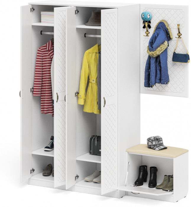 Прихожая П-6 Компоновка № 09, цвет белая шагрень/фасады МДФ белое дерево фрезеровка ромб, ШхГхВ 180х50х210 см., универсальная сборка