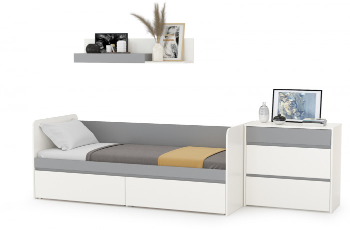 Торонто 11.39 Кровать + 16.475 Полка + 13.321 Комод, белый шагрень/стальной серый