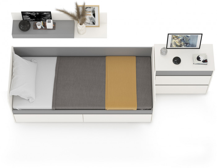 Торонто 11.39 Кровать + 16.475 Полка + 13.321 Комод, белый шагрень/стальной серый