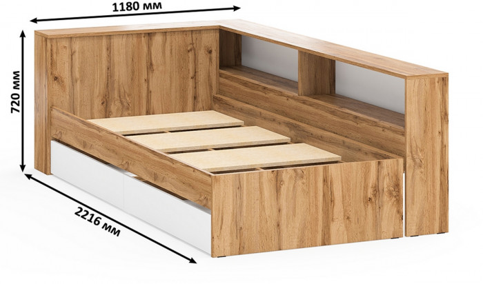 Ксения Кровать с ящиками 0900 + прикроватный блок + Столик с подсветкой 110, дуб вотан/белый