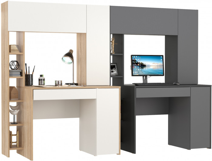 КР100 Два стола компьютерных Комфорт 12.71, цвет дуб сонома/белый/антрацит/тёмно-серый, ШхГхВ 233,4х60,2х165,4 см., НЕ универсальная сборка