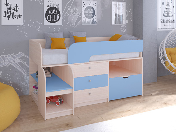 Кровать чердак Астра 9 V5 Дуб молочный/Голубой