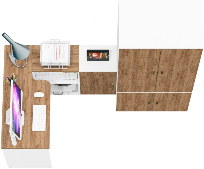 Лидер-8 Стол + Тумба МД 3.15 + Шкаф МД 19Б, цвет белый шагрень/крафт золото, ШхГхВ 285х50/50х75/190 или 115х200/50х75/190 см., НЕ ун. сборка