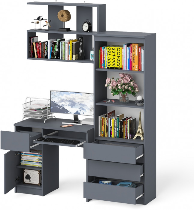 Мори Стол компьютерный МС-1 левый + Стеллаж МСТ600.3 + Полка 900, цвет графит, ШхГхВ 150,4х50х209,6 см., НЕ универсальная сборка