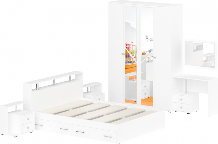 Камелия спальня № 9 Кровать с ящиками 1600 + Две тумбы + Стол косметич. + Зеркало + Шкаф 4-х, цвет белый, сп.м. 1600х2000 мм., б/м, осн. есть