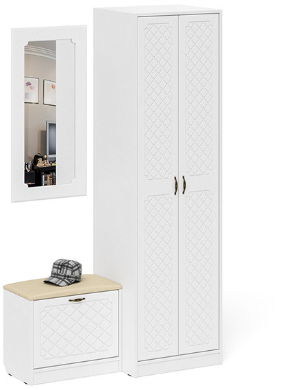 Прихожая П-6 Компоновка № 11, цвет белая шагрень/фасады МДФ белое дерево фрезеровка ромб, ШхГхВ 120х50х210 см., универсальная сборка