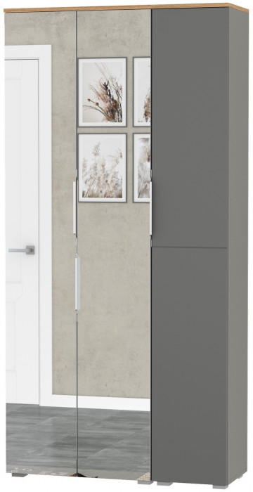 Октава 13.338 Шкаф для одежды + 13.228 Пенал, цвет серый графит/дуб крафт золотой/фасады МДФ серый графит и зеркало, ШхГхВ 96,4х35,3х197,6 см, ун. сб.