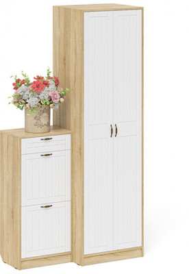 Прихожая П-6 Компоновка № 16, цвет дуб сонома/фасады МДФ белое дерево фрезеровка прованс, ШхГхВ 110х50х210 см., универсальная сборка