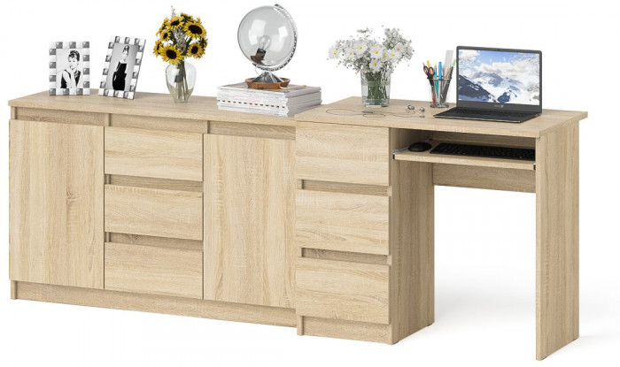 Мори Стол компьютерный МС-6 левый + Комод МК1200.3, цвет дуб сонома, ШхГхВ 210,4х50х76,6 см., выдвижные ящики слева, НЕ универсальная сборка