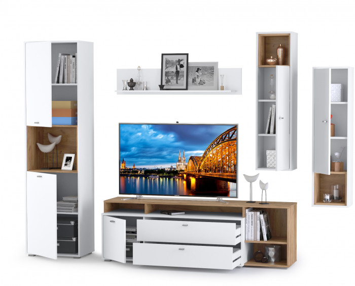 Бэль № 04, цвет дуб крафт золотой/белый премиум, ШхГхВ 300х43х200 см., ниша для ТВ 139х40х120 см., НЕ универсальная сборка