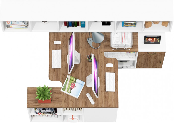 Лидер-8 Стол + Полка + Стол + Полка + Тумба МД 3.15, цвет белый шагрень/крафт золото, ШхГхВ 370х50/30х75 или 230х50/120х75 см., НЕ универс. сборка