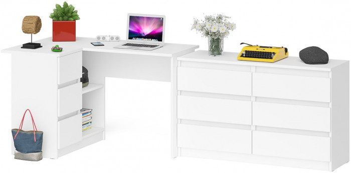 Мори Стол компьютерный МС-16 левый + Комод МК1200.6, цвет белый, ШхГхВ 244,8х84,9х76,6 см., выдвижные ящики слева, НЕ универсальная сборка