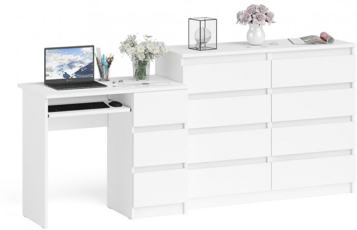 Мори Стол компьютерный МС-6 правый + Комод МК1200.8, цвет белый, ШхГхВ 210,4х50х94 см., выдвижные ящики справа, НЕ универсальная сборка