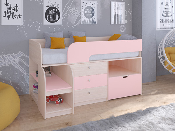 Кровать чердак Астра 9 V5 Дуб молочный/Розовый