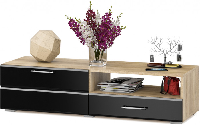 Тумба под ТВ Ларго 1, корпус дуб сонома/фасады МДФ чёрный глянец