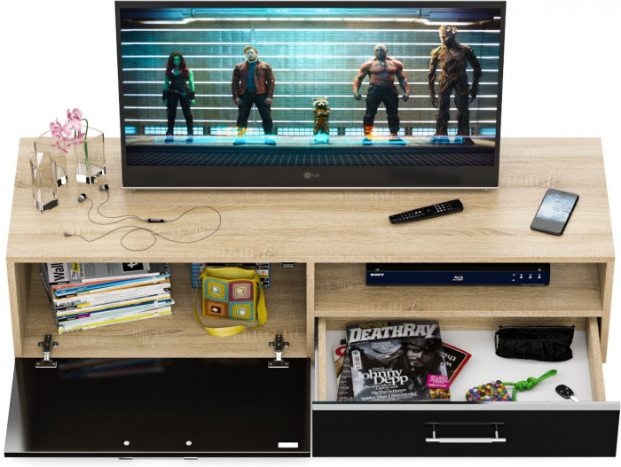 Тумба под ТВ Ларго 1, корпус дуб сонома/фасады МДФ чёрный глянец