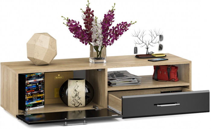 Тумба под ТВ Ларго 1, корпус дуб сонома/фасады МДФ чёрный глянец