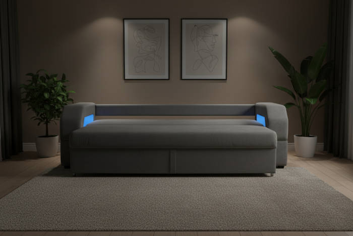 Диван-еврокнижка Манчестер, пружинный блок, 160х195, подсветка, велюр серый