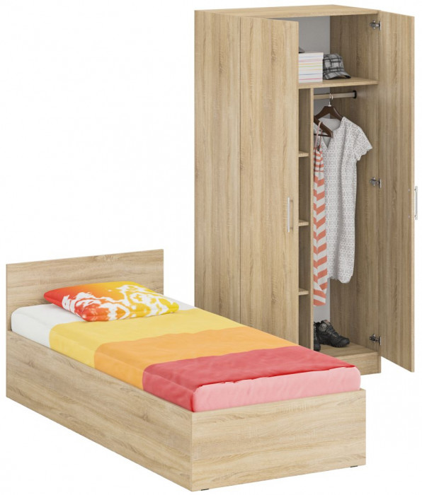 Кровать 0900 + Шкаф 2-х створчатый Стандарт, дуб сонома