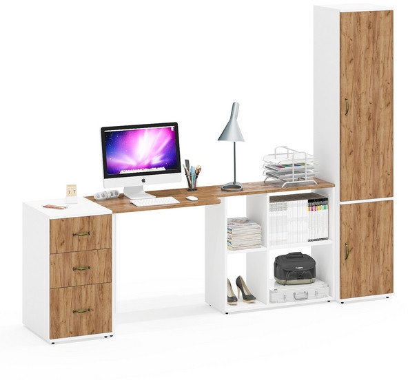 Лидер-8 Стол + Тумба МД 3.16 + Пенал МД 22Б, цвет белый шагрень/крафт золото, ШхГхВ 245х50/37,5х75/190 или 155х120/50х75/190 см., НЕ ун. сборка