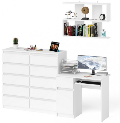 Мори Стол компьютерный МС-1 левый + Комод МК1200.10 + Полка 900, цвет белый, ШхГхВ 210,4х50х209,6 см., НЕ универсальная сборка