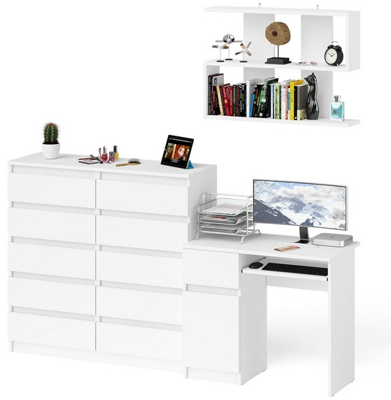Мори Стол компьютерный МС-1 левый + Комод МК1200.10 + Полка 900, цвет белый, ШхГхВ 210,4х50х209,6 см., НЕ универсальная сборка