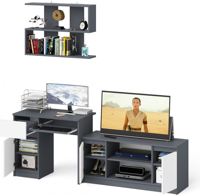 Мори Стол компьютерный МС-1 левый + Тумба МТВ1200.1 + Полка 900, цвет графит/белый, ШхГхВ 210,4х50х209,6 см., НЕ универсальная сборка