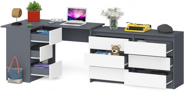 Мори Стол компьютерный МС-16 левый + Комод МК1200.6, цвет графит/белый, ШхГхВ 244,8х84,9х76,6 см., выдвижные ящики слева, НЕ универсальная сборка