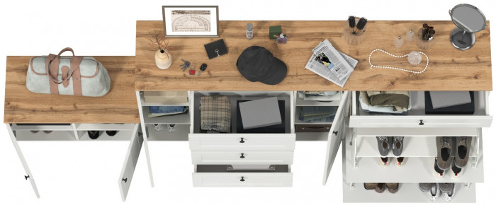 Остин 16.221 Комод + 16.121 Тумба для обуви + 13.257 Тумба, цвет белый шагрень/дуб крафт золотой, ШхГхВ 280х41,9х99,3 см.