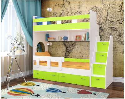 Двухъярусная кровать Юниор 1 + бортик Юниор (Белое дерево/Лайм)