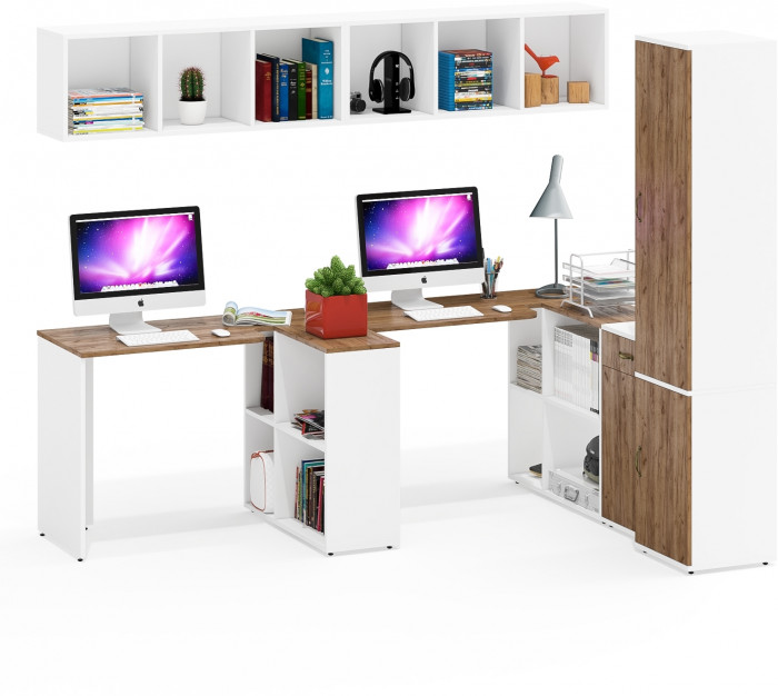 Лидер-8 Стол + Полка + Стол + Полка + Пенал МД 21Б + Тумба МД 3.15, цвет белый шагрень/крафт золото, 410х50х75/190 или 230х160/50х75/190, НЕ ун. сб.