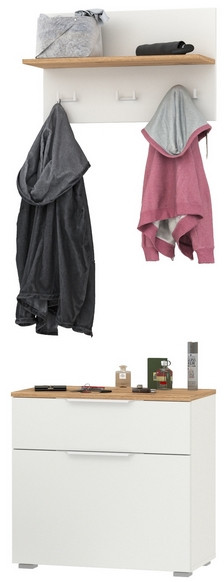 Октава 16.127 Тумба для обуви + 15.14.01 Вешалка, цвет белый шагрень/дуб крафт золотой/фасады МДФ белый шагрень, ШхГхВ 64,9х35,4х197 см.