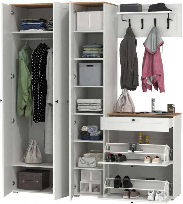 Остин Прихожая 41, цвет белый шагрень/дуб крафт золотой, ШхГхВ 200х54,3х229,6 см., универсальная сборка