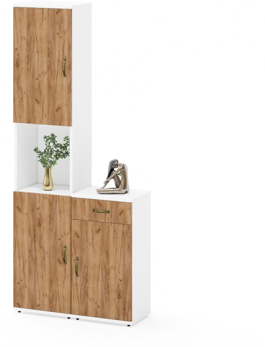 Лидер-8 Пенал + Тумба МД 3.15, цвет белый шагрень/крафт золото, ШхГхВ 80х30х190 см., универсальная сборка