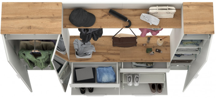 Октава Прихожая 33, цвет белый шагрень/дуб крафт золотой/фасады МДФ белый шагрень, ШхГхВ 226,4х35,4х197,6 см., универсальная сборка