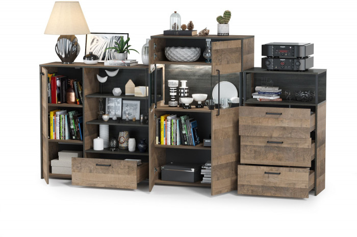 Трувор 13.307.01 Комод + 13.306 Комод с витриной + 13.307.02 Комод с ящиками, дуб гранж песочный/интра