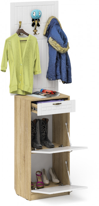 Прихожая П-6 Тумба для обуви 2 секции + Вешалка, цвет дуб сонома/фасады МДФ белое дерево фрезеровка прованс, ШхГхВ 50х35х210 см.
